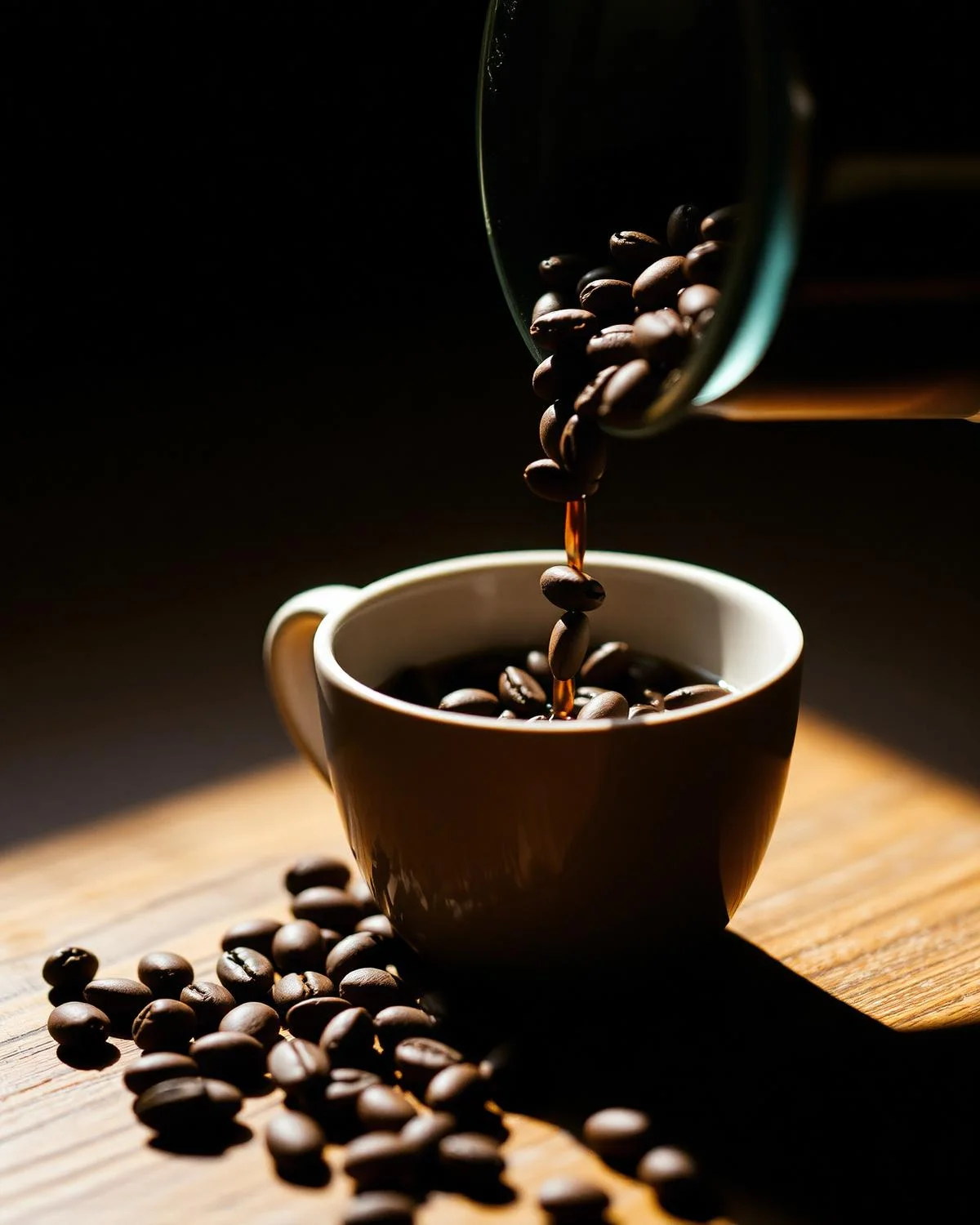 Pure cutout of coffee beans in a rustic bowl with floating beans