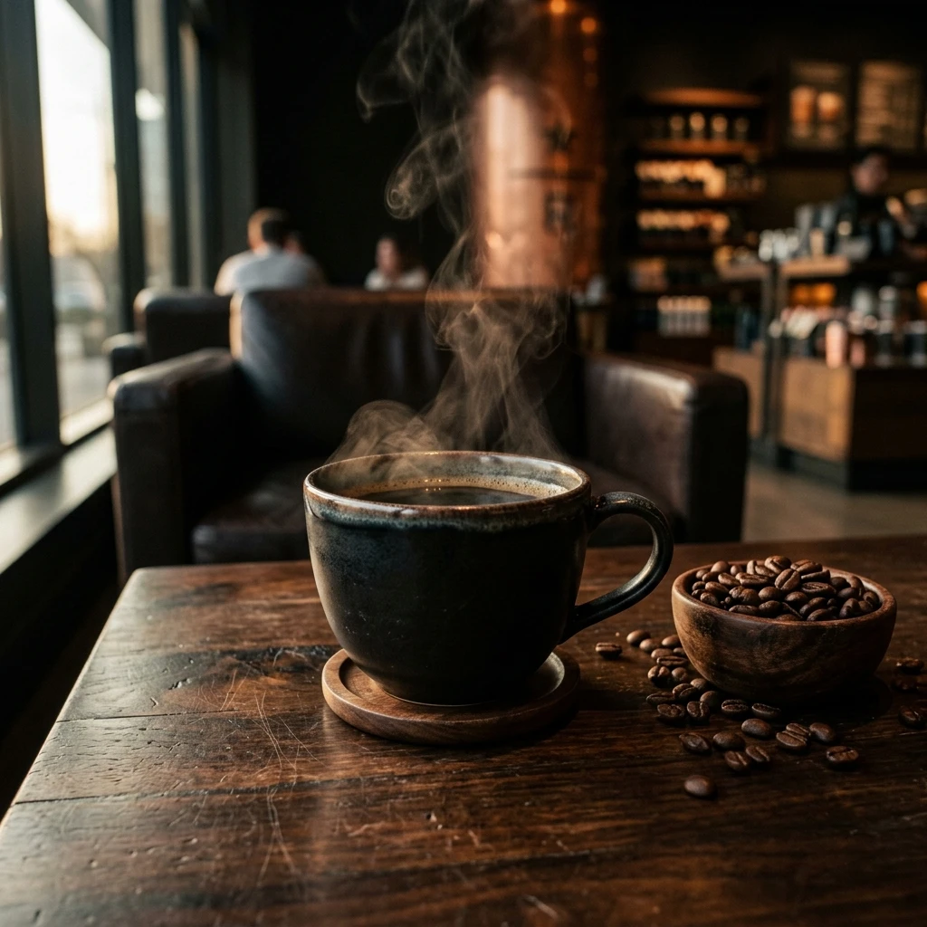Pure cutout of steaming coffee cup with roasted beans on dark wood