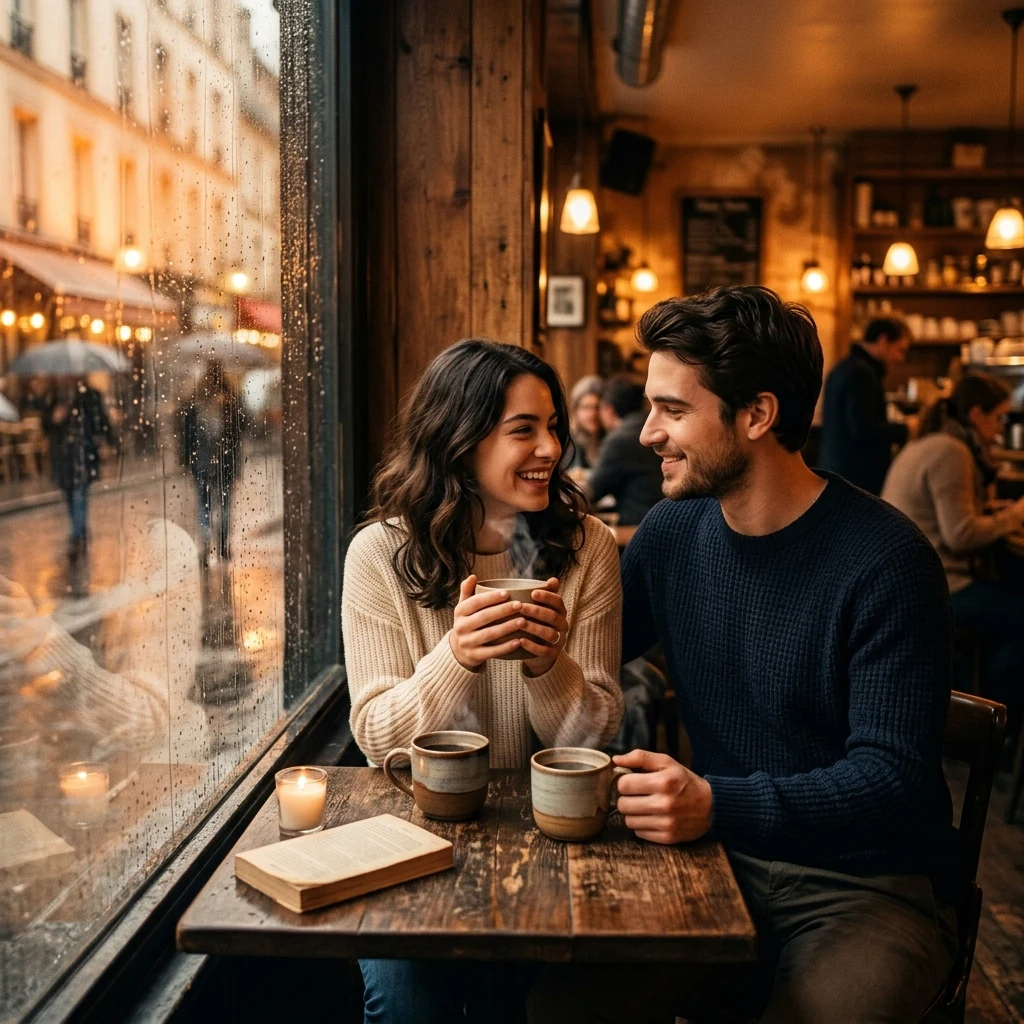 A young couple sitting quietly beside a rain-kissed cafe window at Mr. Bean Coffee Station in Bhimavaram