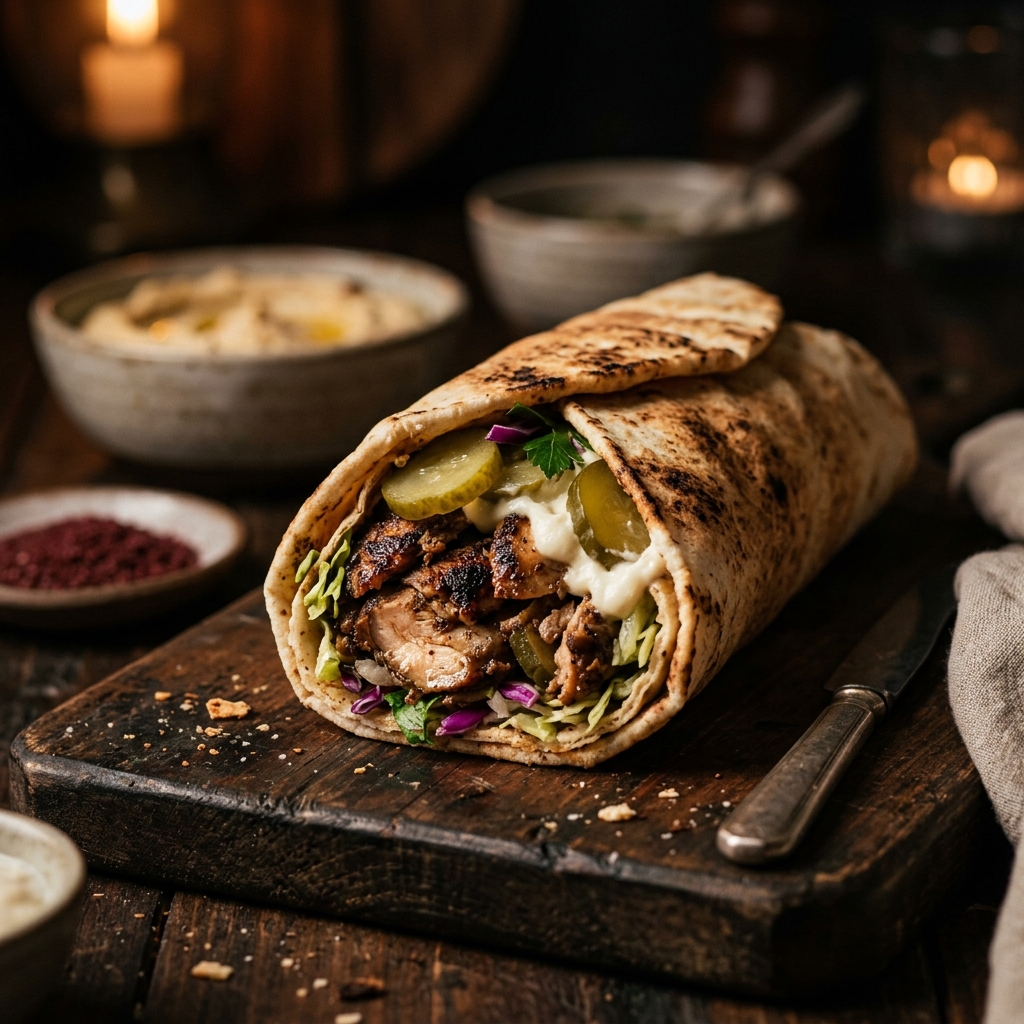 Freshly prepared house chicken shawarma